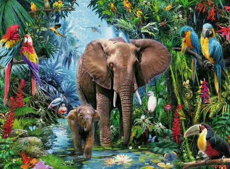 Puzzel - 150 XL stukjes - Olifant met jong wandelen door jungle