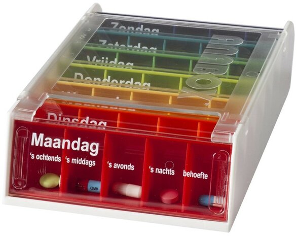 Medicijnbox met 7 dagboxen voor iedere dag van de week. Iedere dagbox heeft vijf vakken.